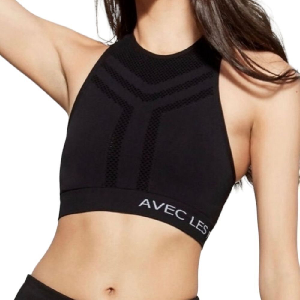 Avec Les Filles Seamless High Neck Logo Sports Bra sz L in Black